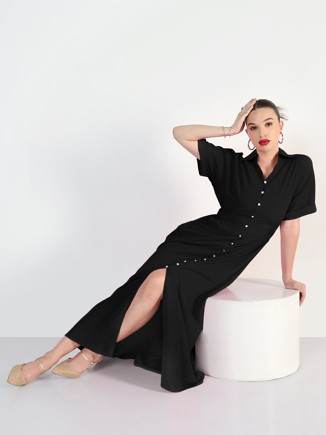 Women's Black Shirt Style Maxi Dress