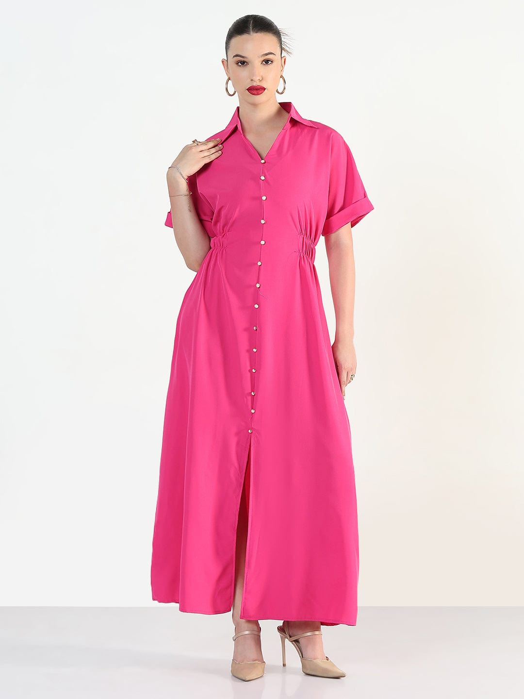 Women's Pink Shirt Style Maxi Dress