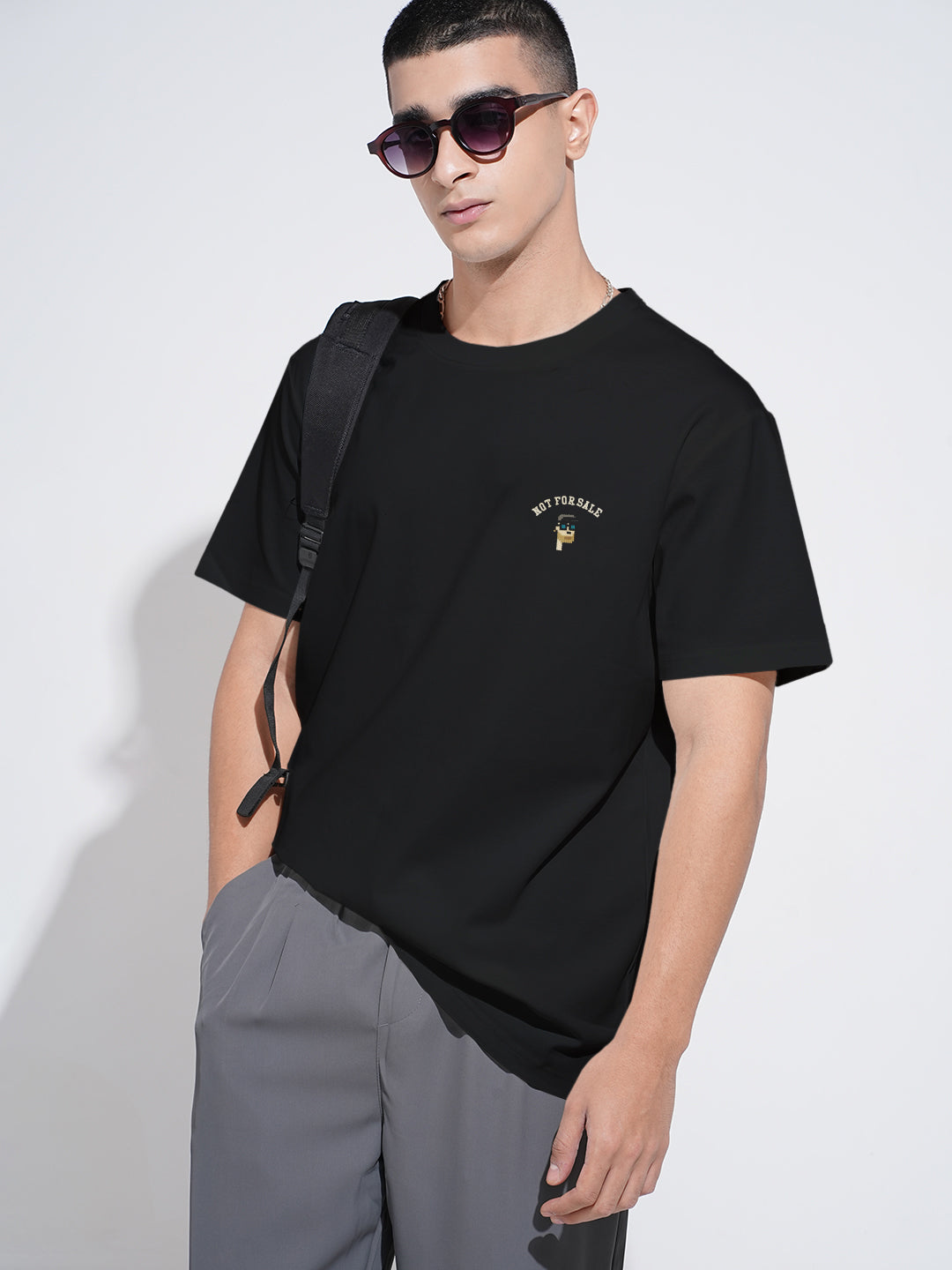 Men's Embroidered Black Round Neck Relaxed Fit T-Shirt