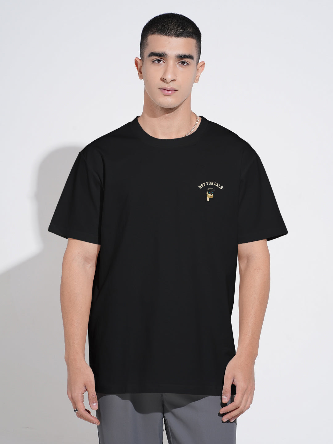 Men's Embroidered Black Round Neck Relaxed Fit T-Shirt
