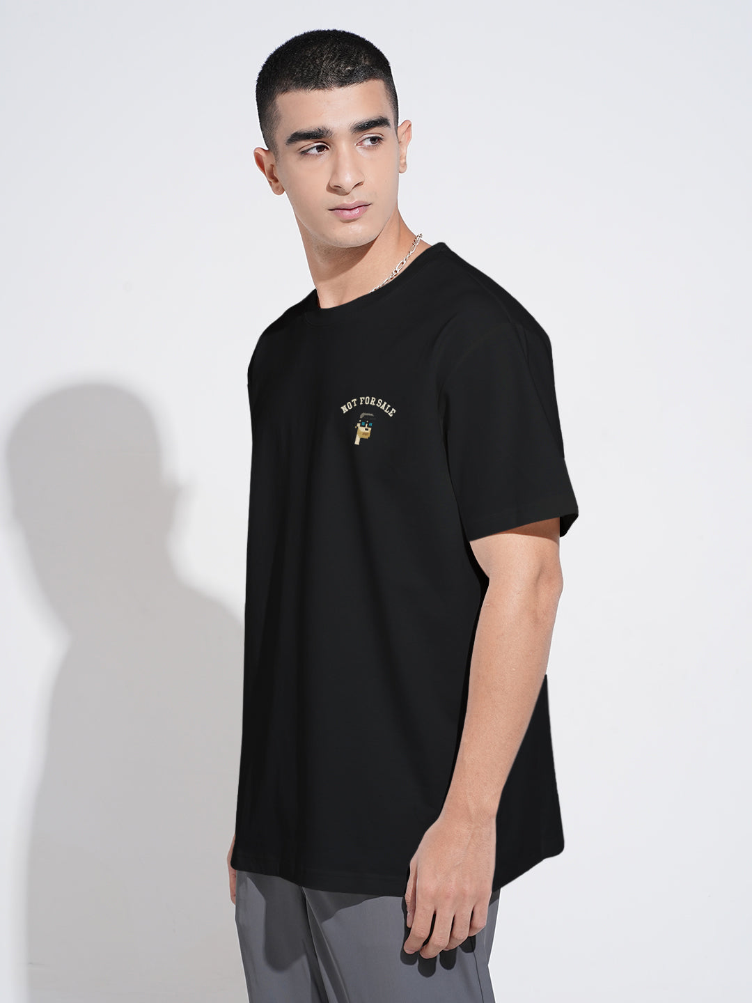 Men's Embroidered Black Round Neck Relaxed Fit T-Shirt