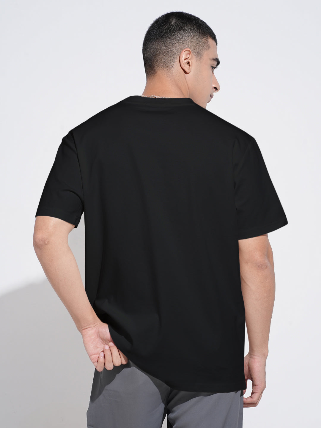 Men's Embroidered Black Round Neck Relaxed Fit T-Shirt