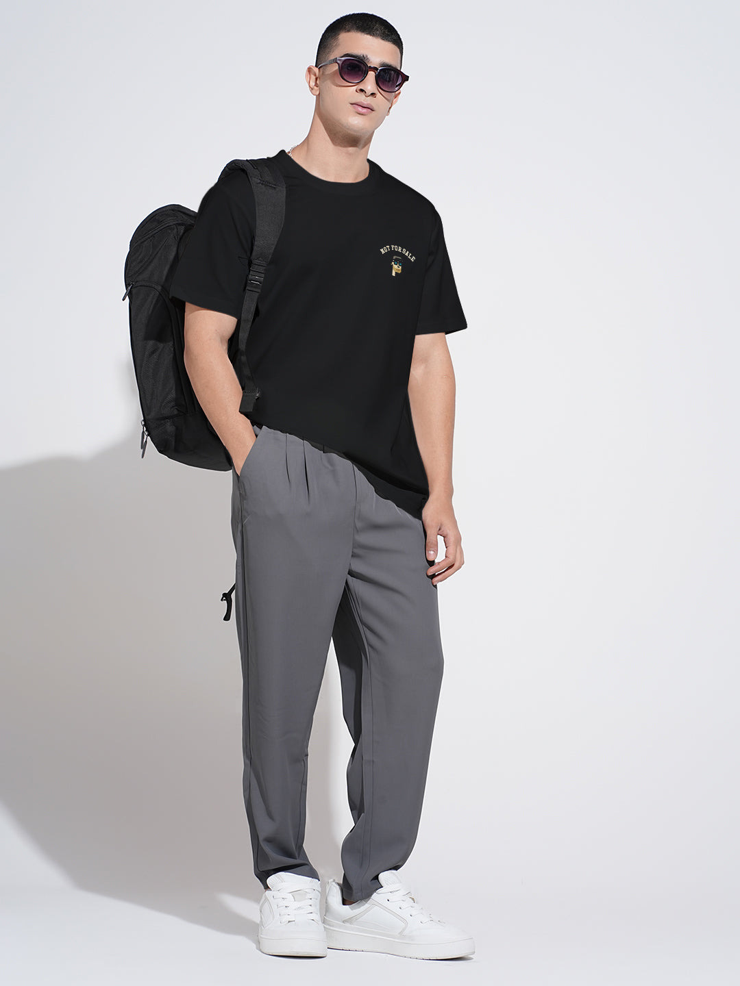 Men's Embroidered Black Round Neck Relaxed Fit T-Shirt