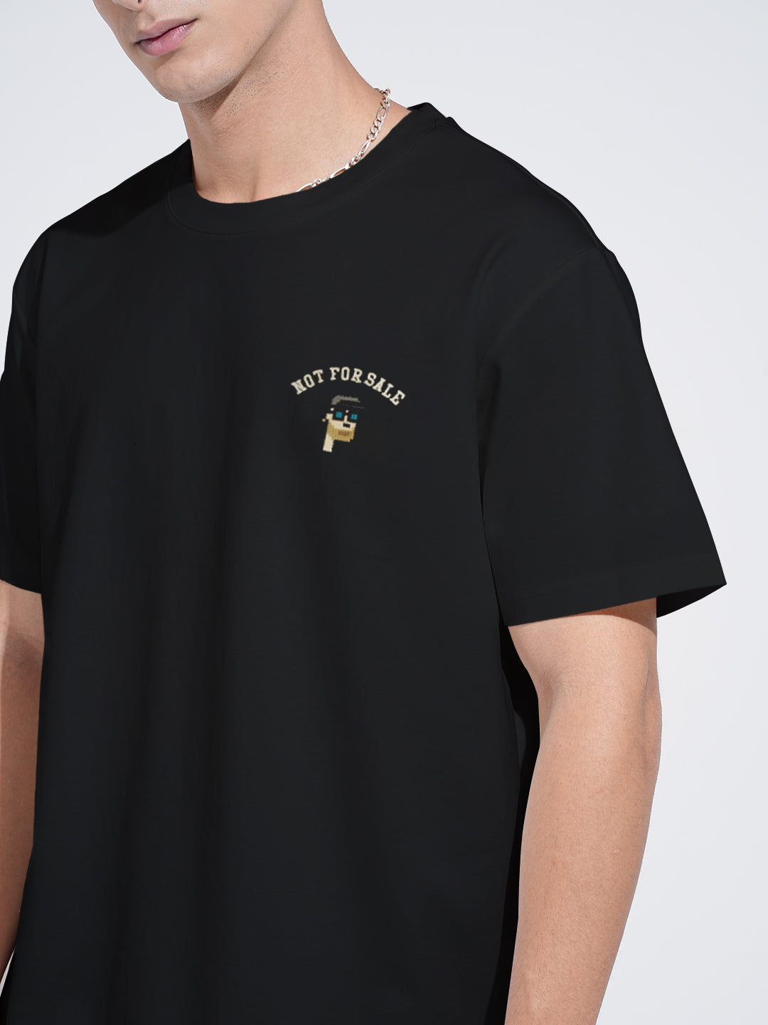 Men's Embroidered Black Round Neck Relaxed Fit T-Shirt