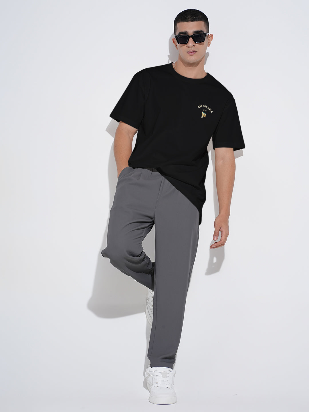 Men's Embroidered Black Round Neck Relaxed Fit T-Shirt