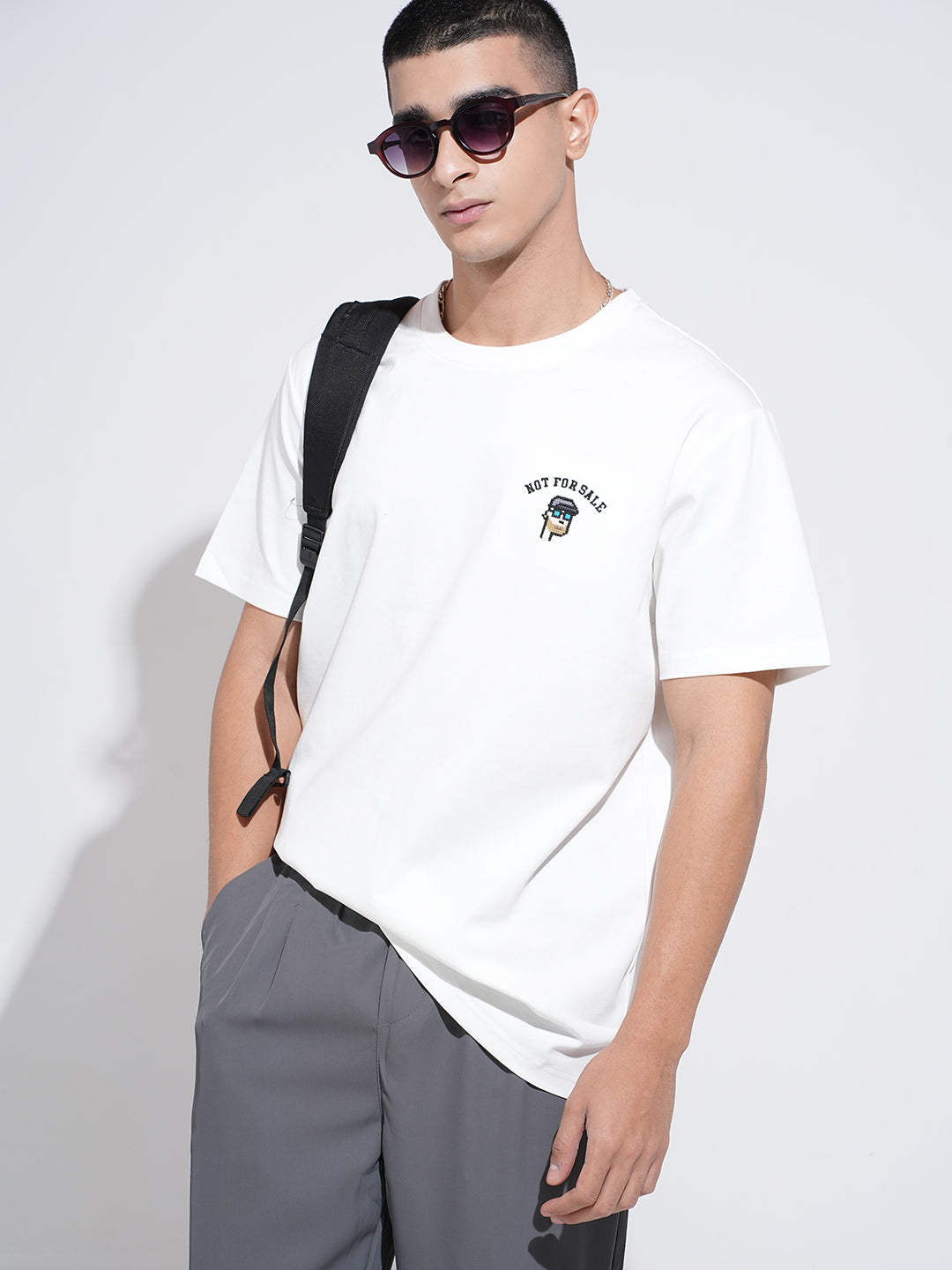 Men's Embroidered White Round Neck Relaxed Fit T-Shirt