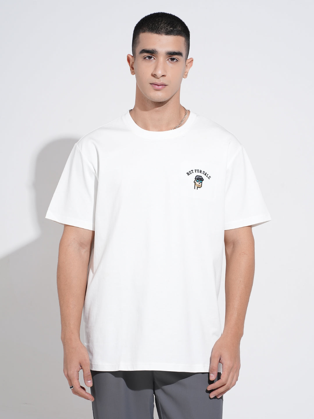 Men's Embroidered White Round Neck Relaxed Fit T-Shirt
