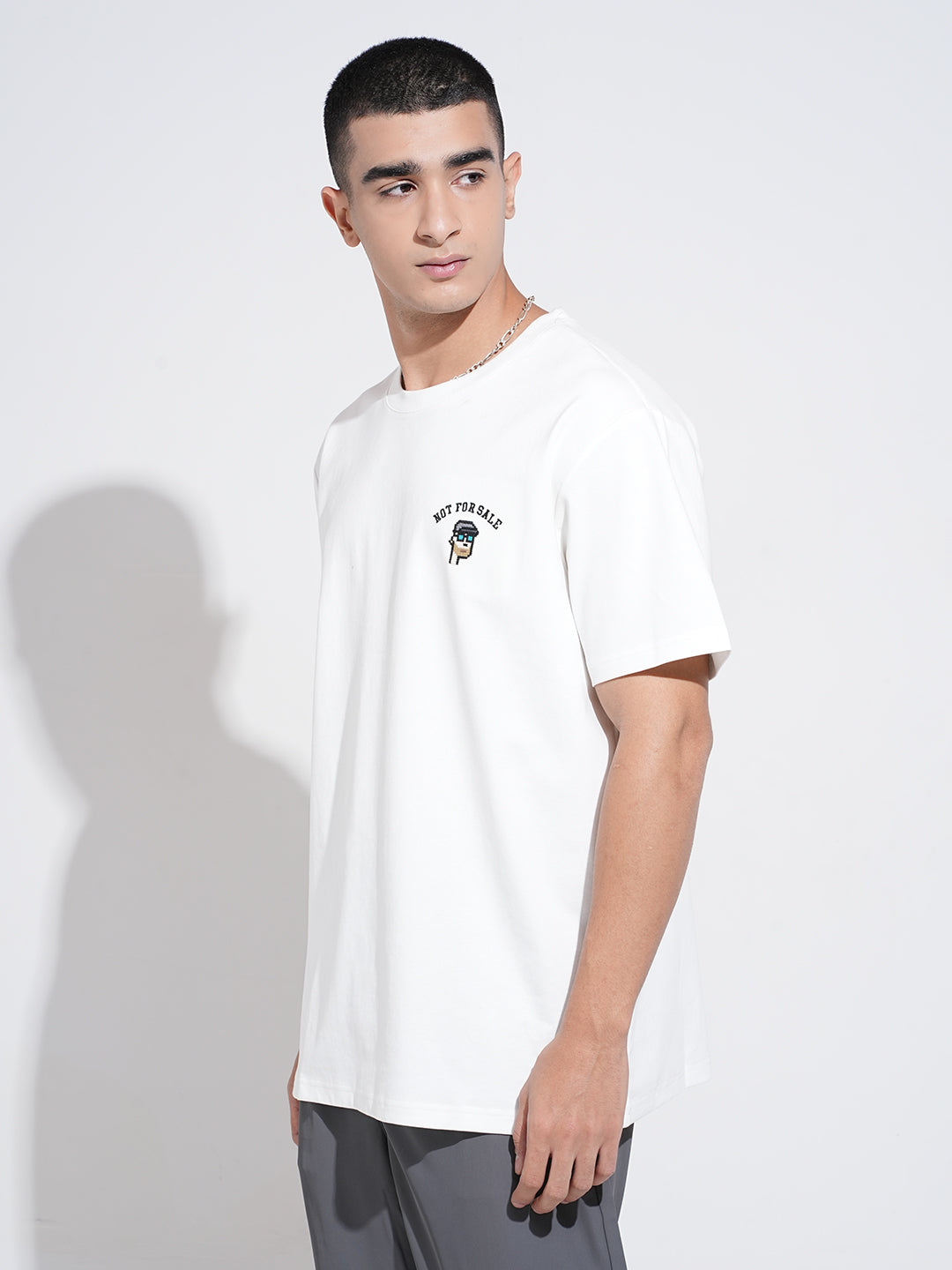 Men's Embroidered White Round Neck Relaxed Fit T-Shirt