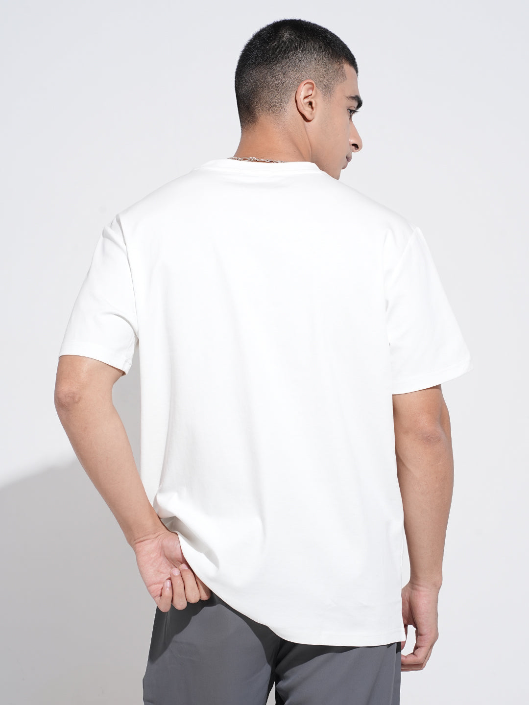 Men's Embroidered White Round Neck Relaxed Fit T-Shirt