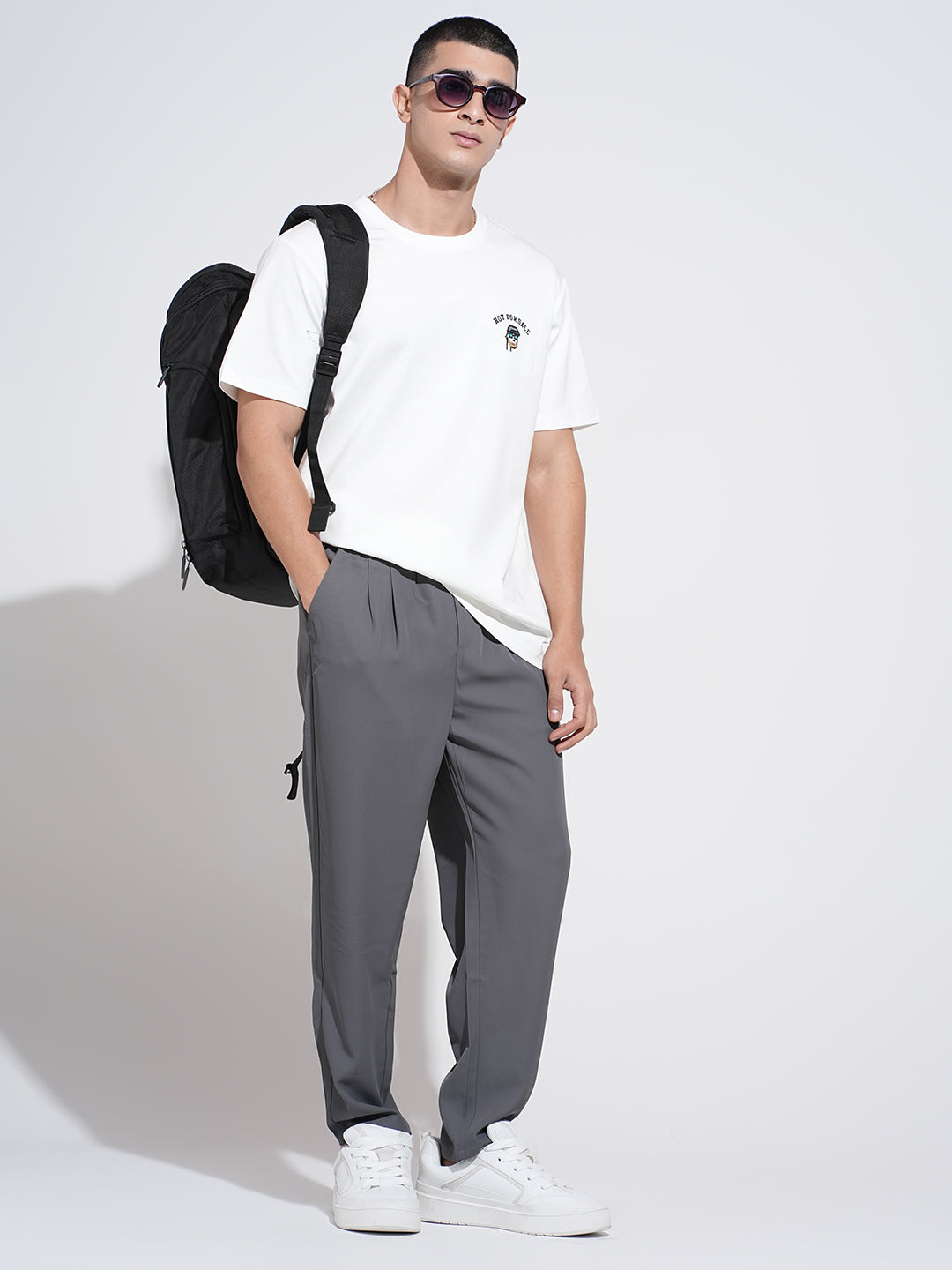 Men's Embroidered White Round Neck Relaxed Fit T-Shirt