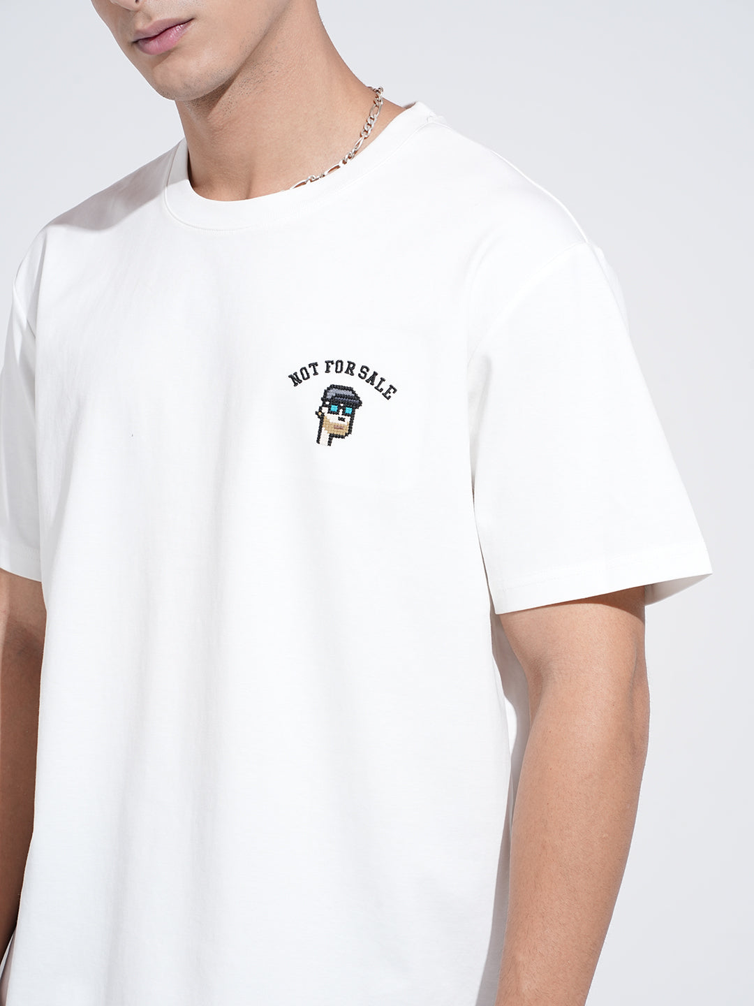 Men's Embroidered White Round Neck Relaxed Fit T-Shirt