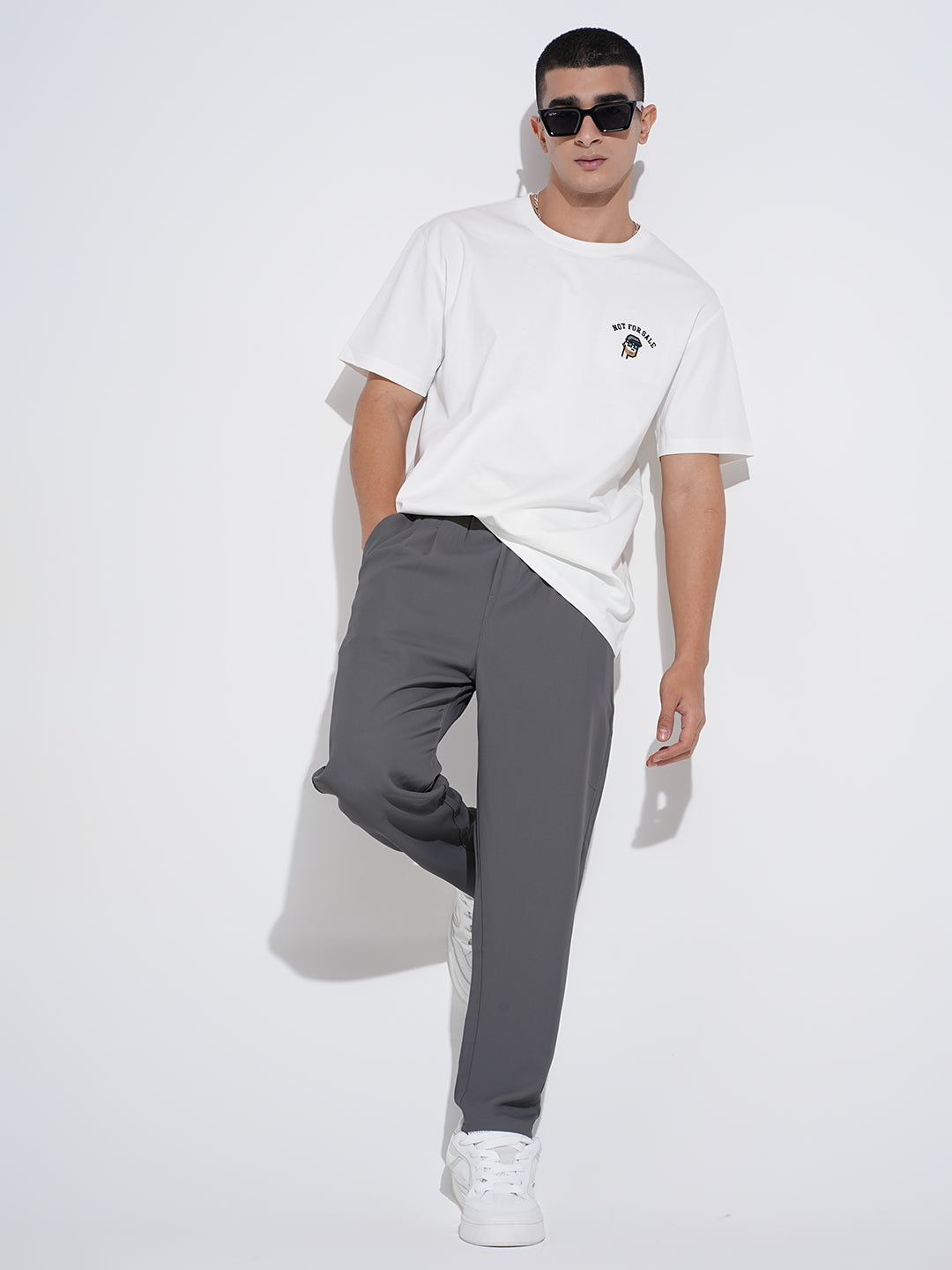 Men's Embroidered White Round Neck Relaxed Fit T-Shirt