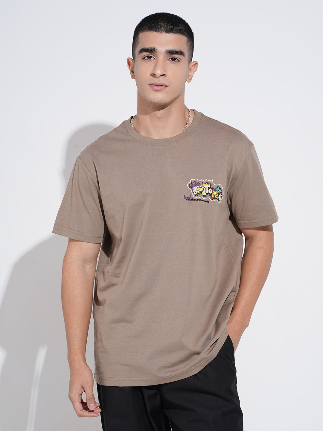 Men's Graphic Print Brown Short Sleeves Round Neck Relaxed Fit T-Shirt