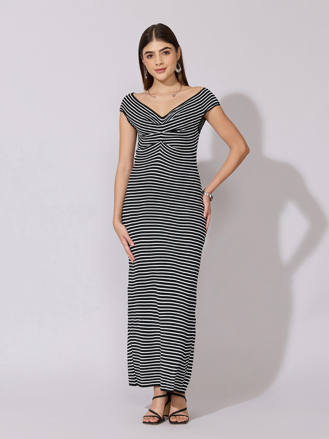 Women's Striped Black Off-Shoulder Maxi Dress