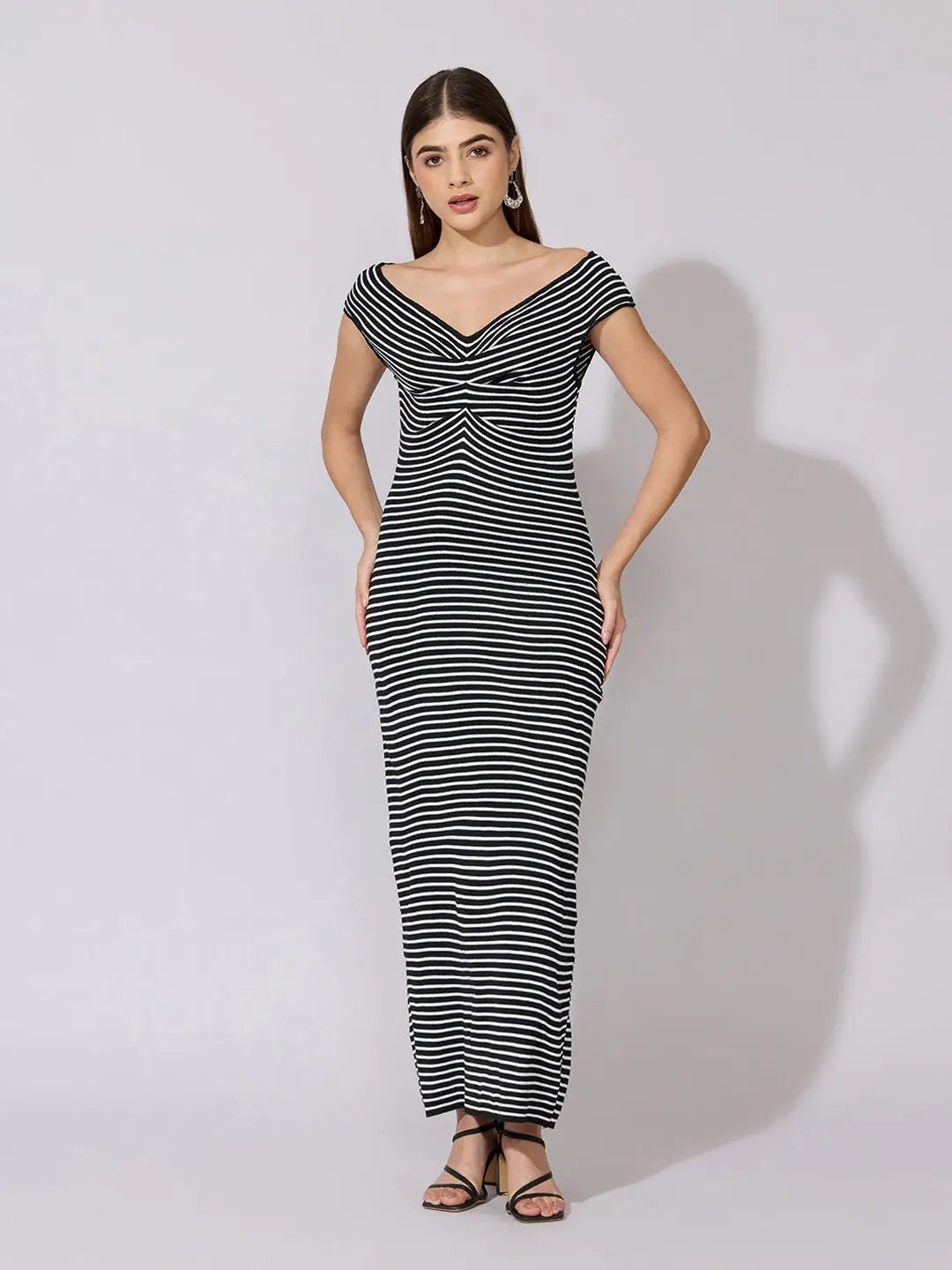 off shoulder black and white striped dress SHOWOFFFF Edition Women's Striped Black Off-Shoulder Maxi Dress