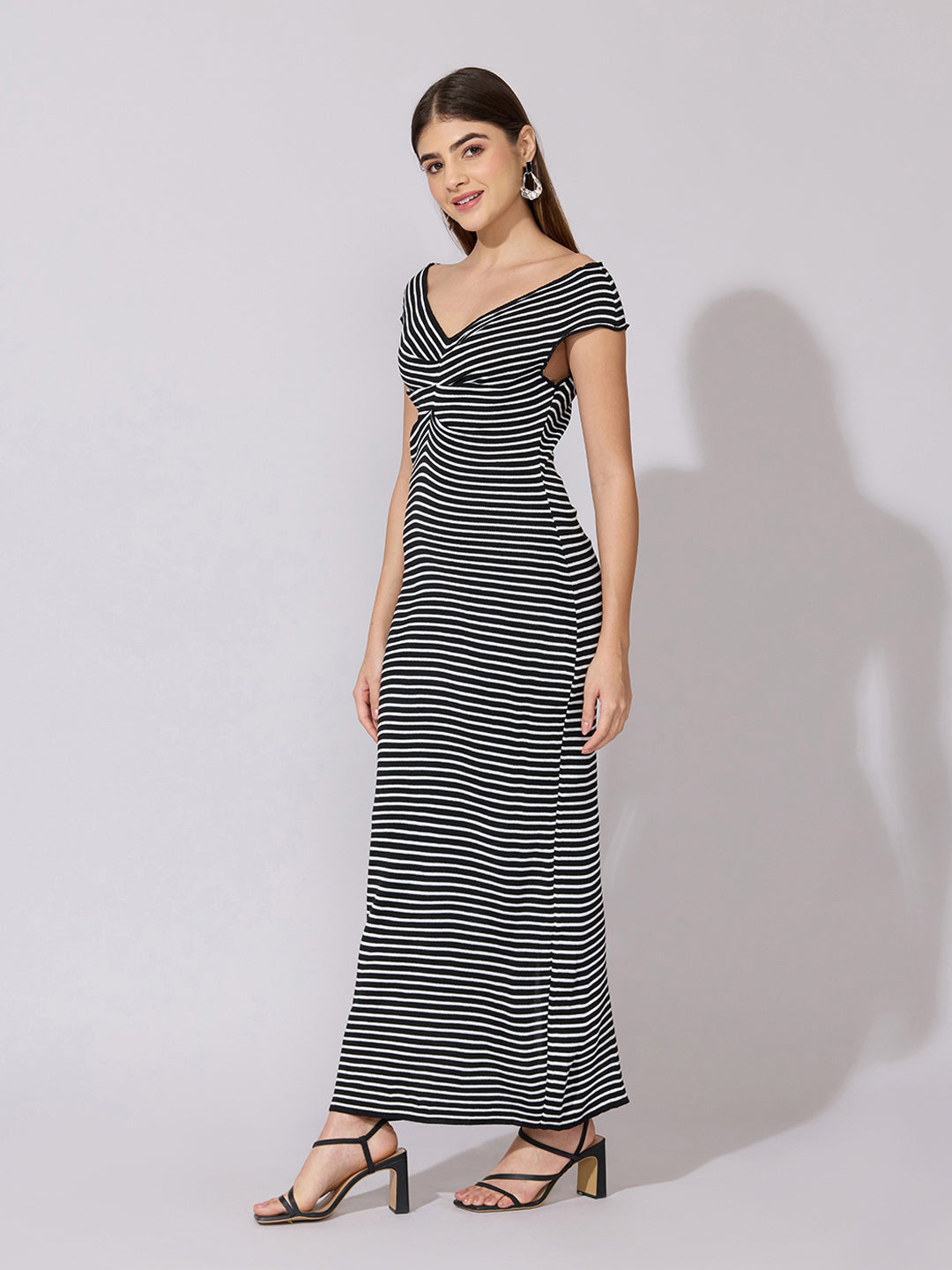 Women's Striped Black Off-Shoulder Maxi Dress