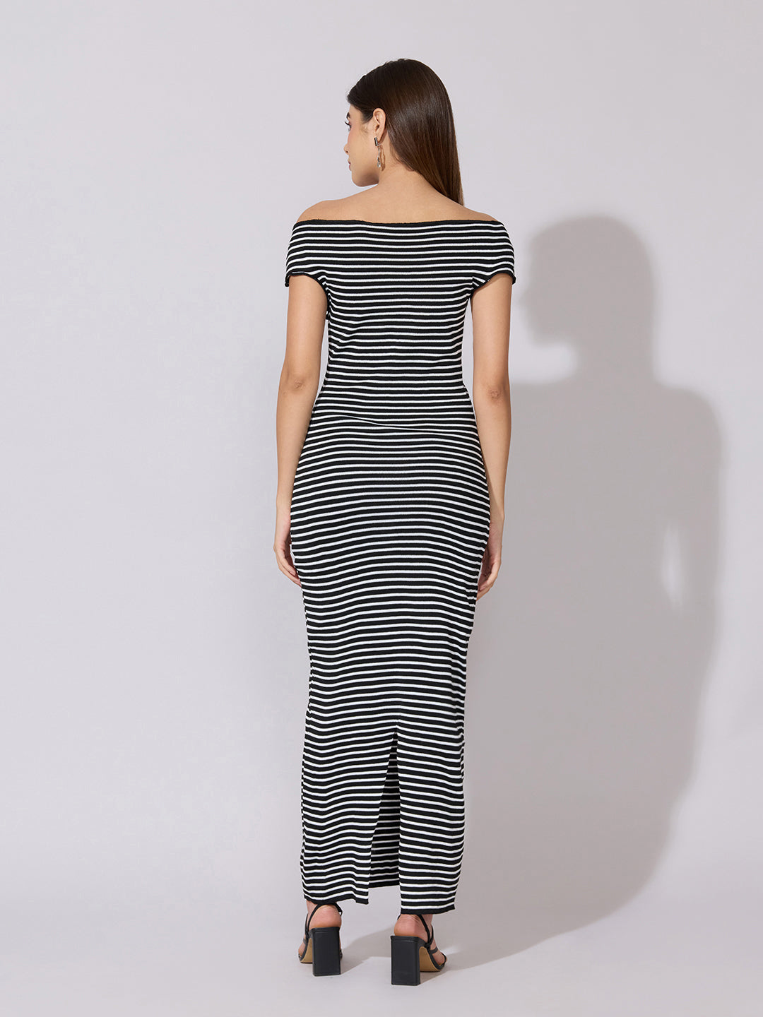 Women's Striped Black Off-Shoulder Maxi Dress