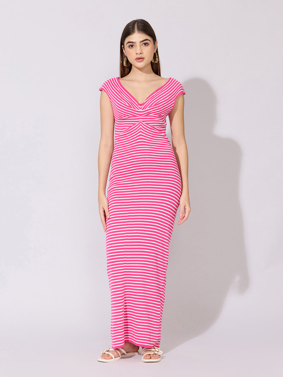 Women's Striped Pink Off-Shoulder Maxi Dress
