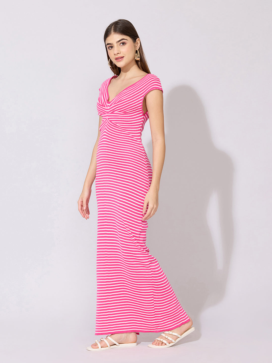 Women's Striped Pink Off-Shoulder Maxi Dress