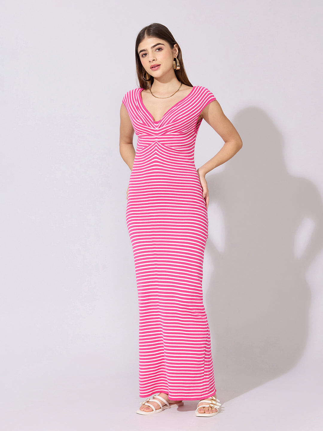 Women's Striped Pink Off-Shoulder Maxi Dress