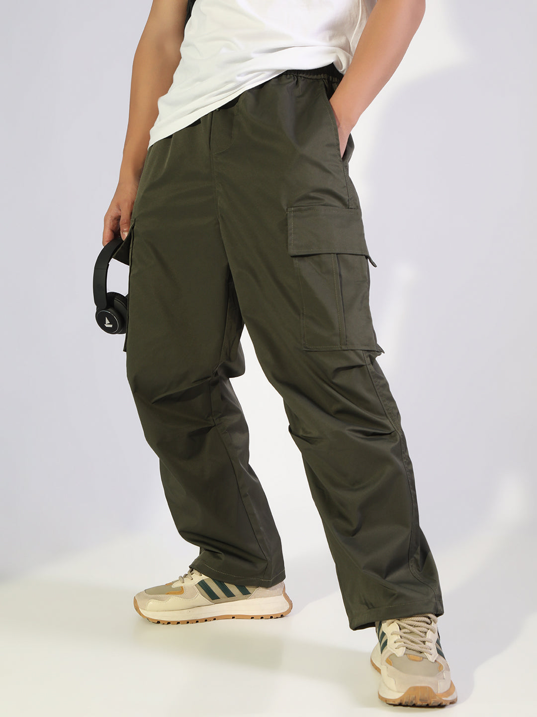 Men's Olive Relaxed Fit Cargo Trousers with Elasticated Drawstring Waist