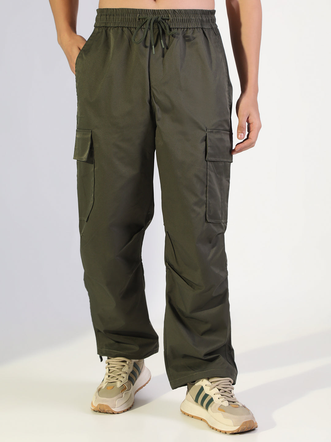 Men's Olive Relaxed Fit Cargo Trousers with Elasticated Drawstring Waist
