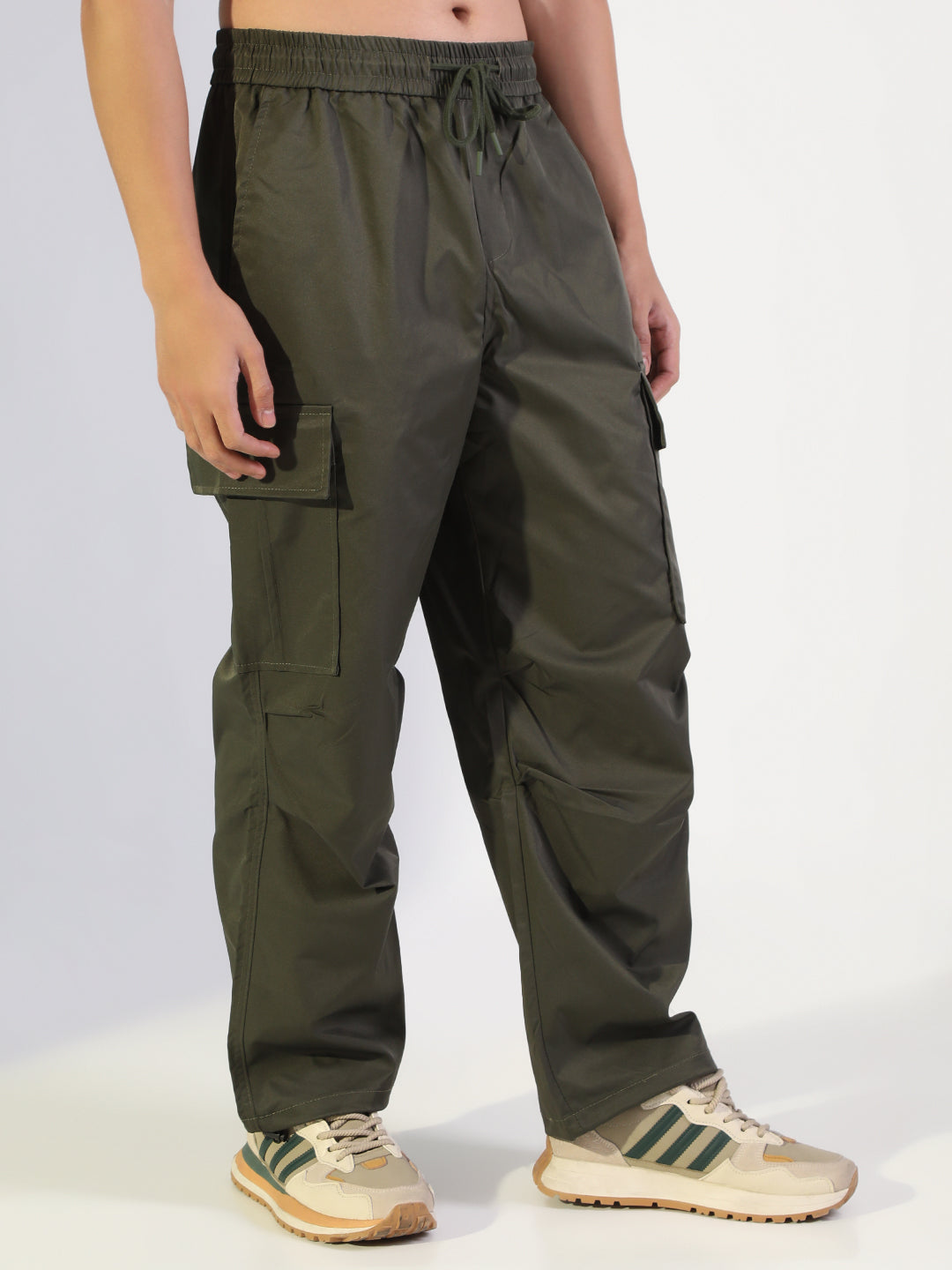 Men's Olive Relaxed Fit Cargo Trousers with Elasticated Drawstring Waist
