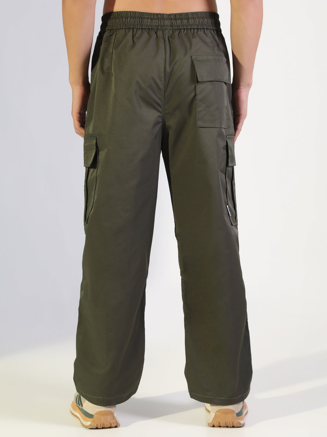 Men's Olive Relaxed Fit Cargo Trousers with Elasticated Drawstring Waist