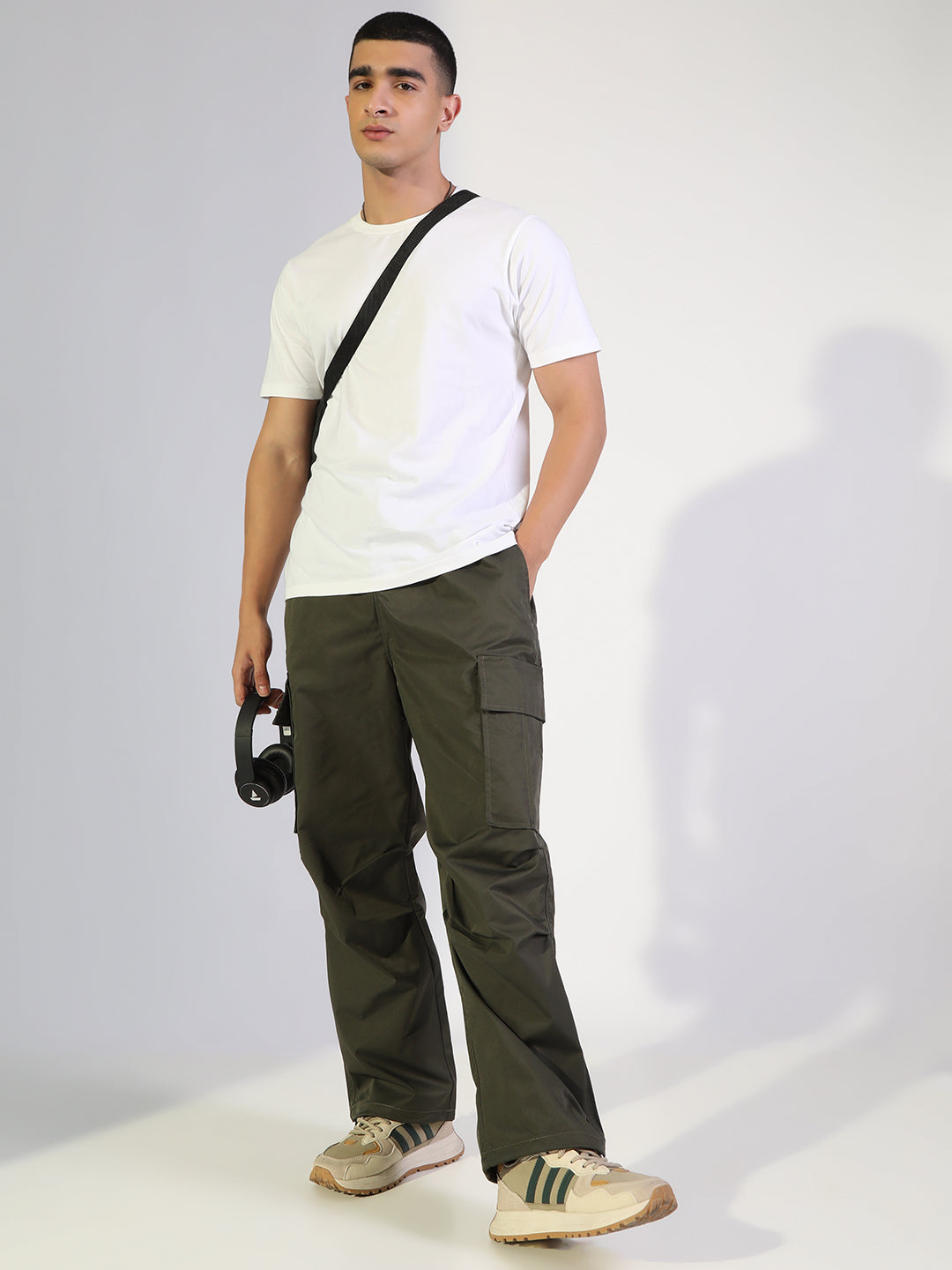Men's Olive Relaxed Fit Cargo Trousers with Elasticated Drawstring Waist