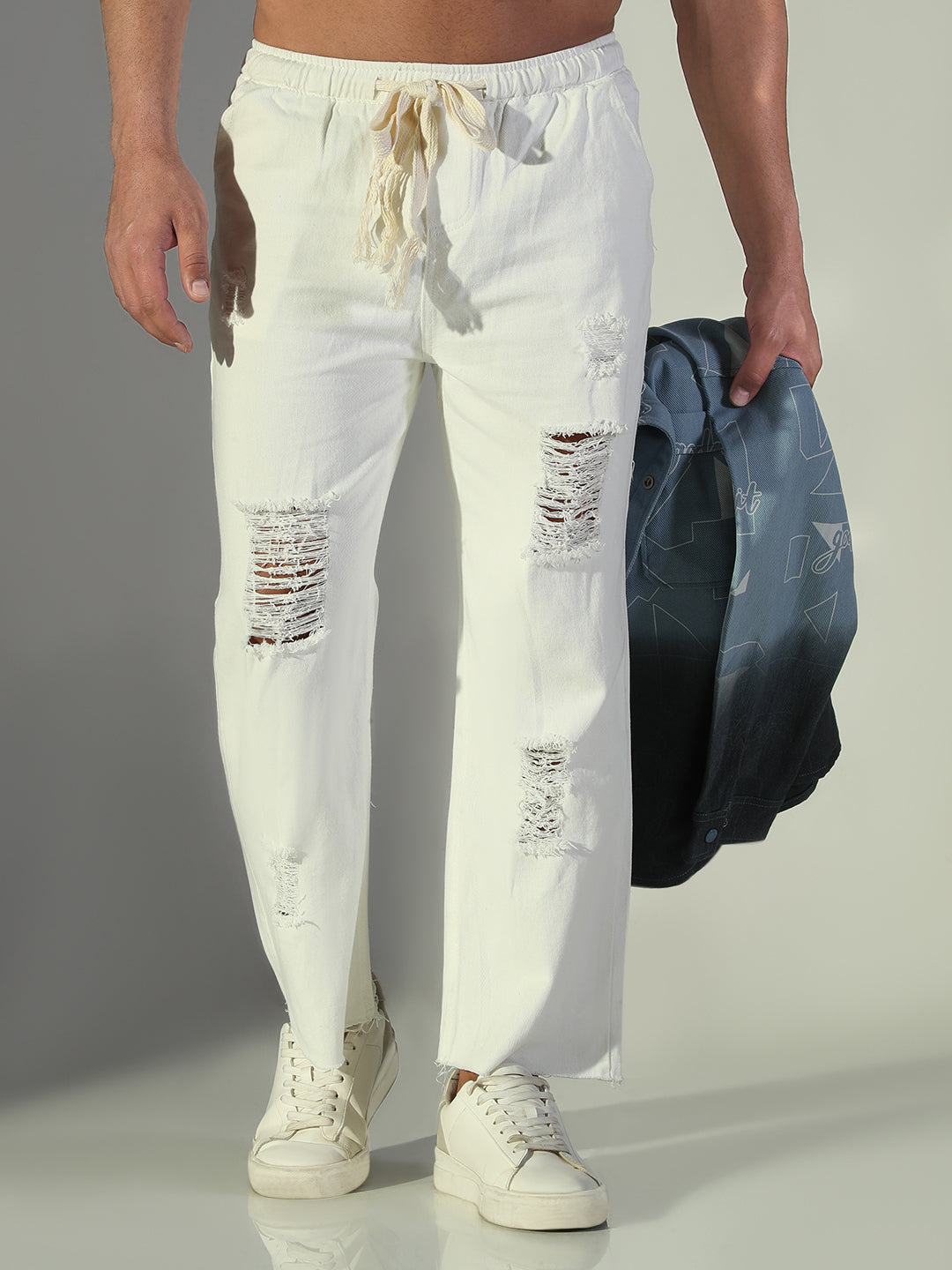 Men White Straight Fit Ripped Jeans