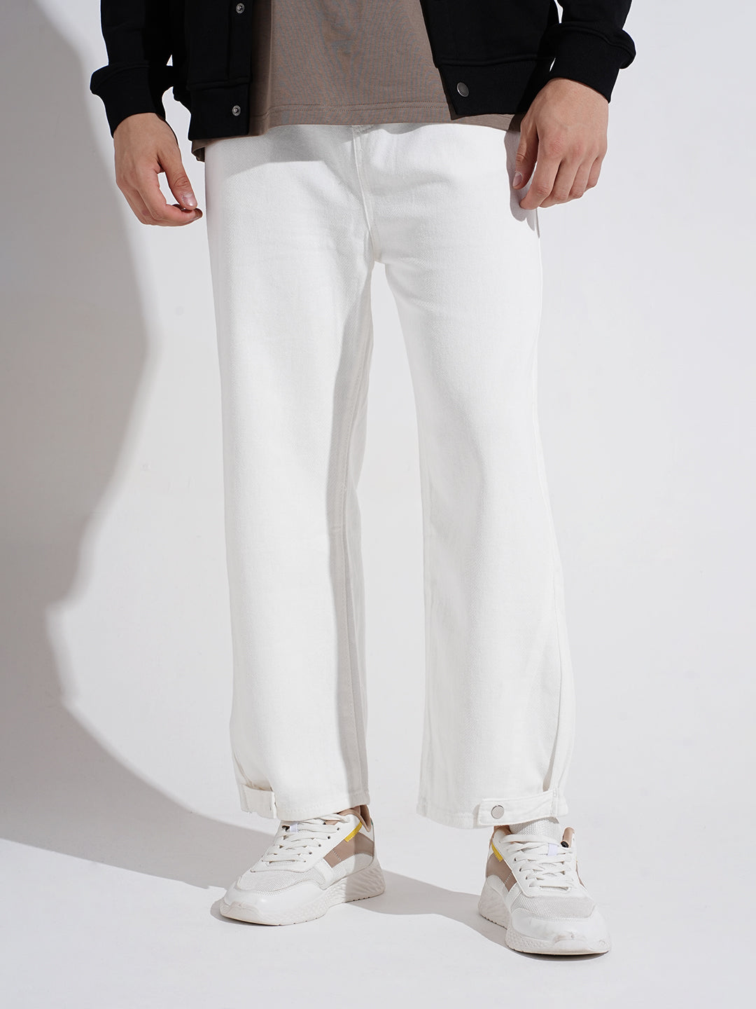 Men's Denim White Regular Fit Trousers with Elasticated Waist and Drawstring