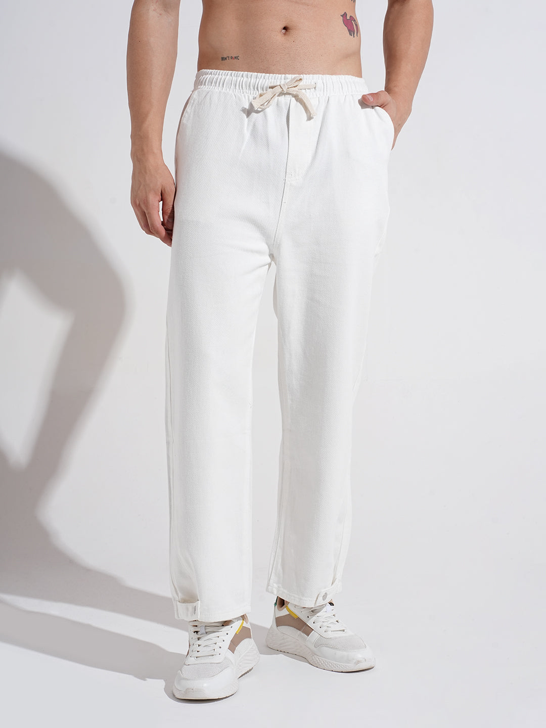Men's Denim White Regular Fit Trousers with Elasticated Waist and Drawstring
