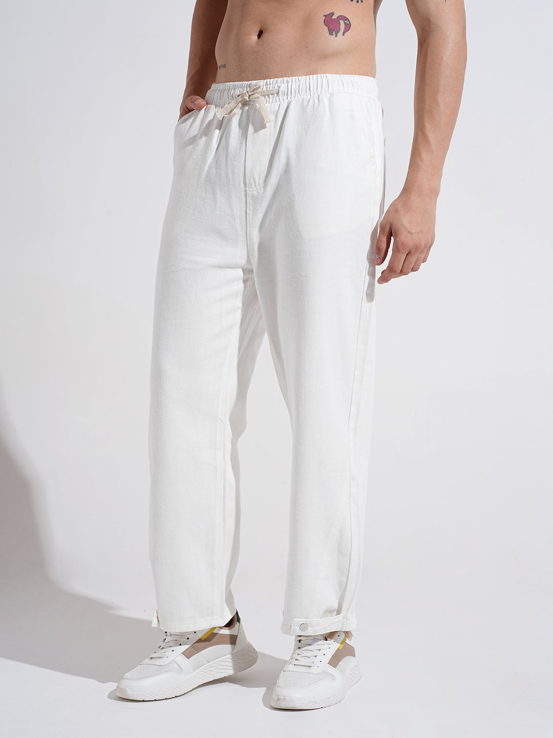 Men's Denim White Regular Fit Trousers with Elasticated Waist and Drawstring