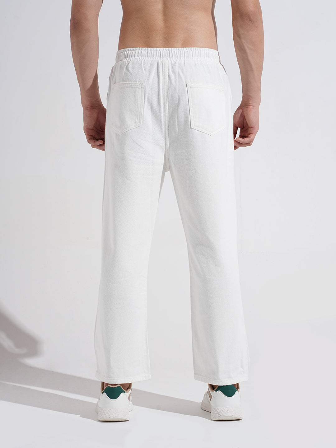 Men's Denim White Regular Fit Trousers with Elasticated Waist and Drawstring