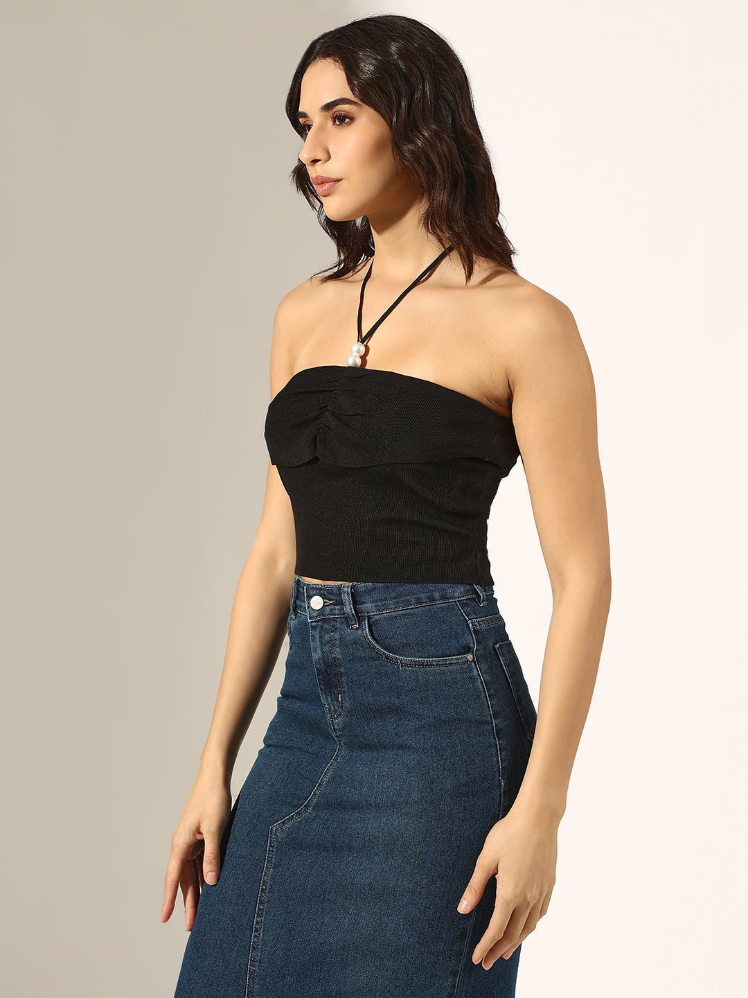 Women's Black Strapless Halter Crop Top