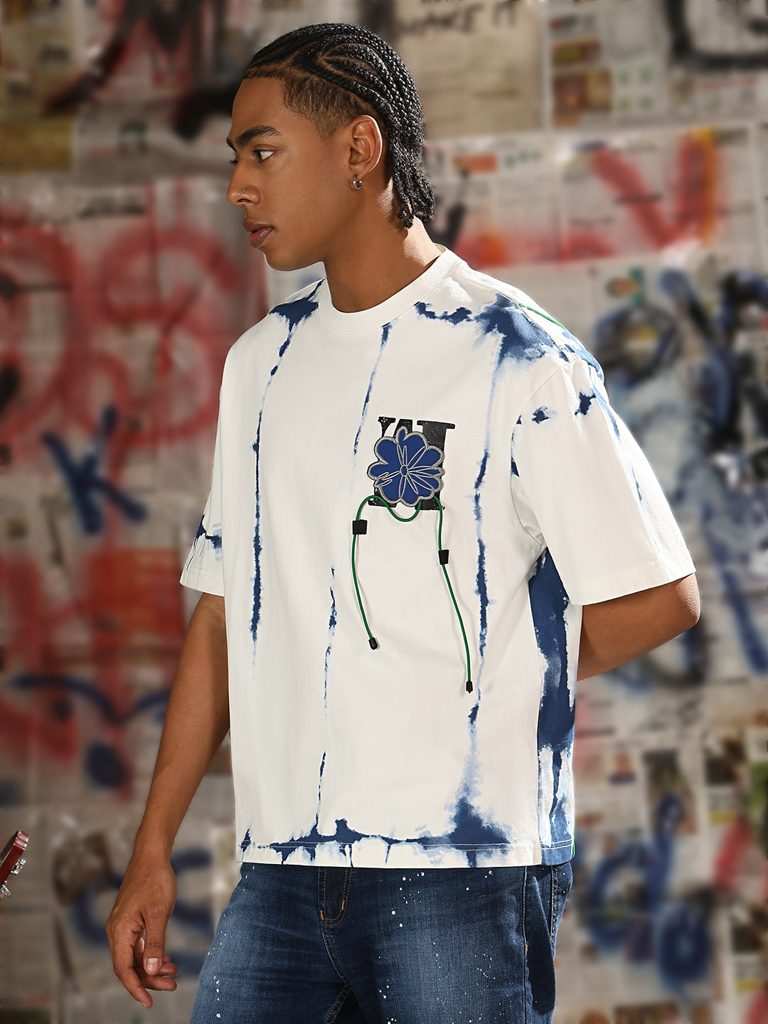 Men Casual White & Blue Tie & Dye T-Shirt