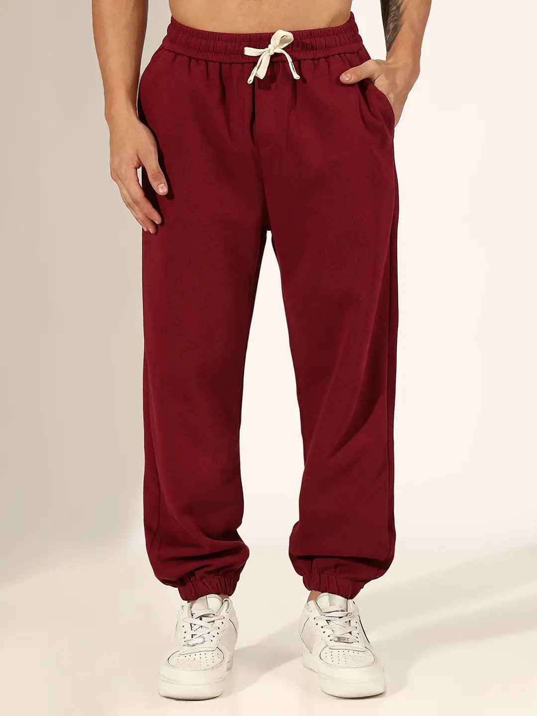 Men's Maroon Regular Fit Joggers with Elasticated Waist and Drawstring
