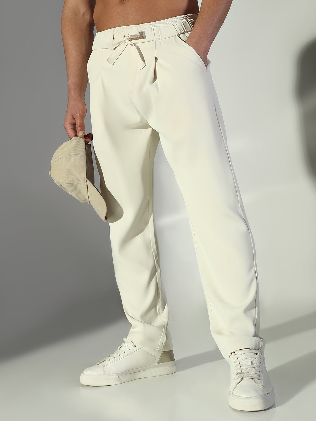 Men Cream Solid Straight Fit Korean Trousers