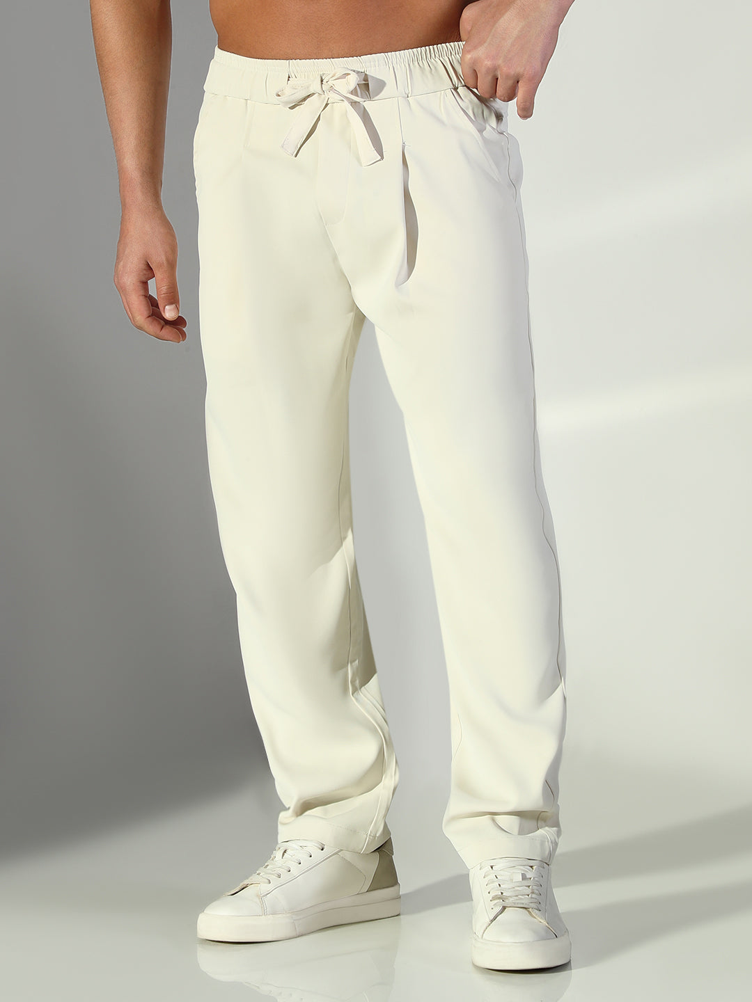 Men Cream Solid Straight Fit Korean Trousers