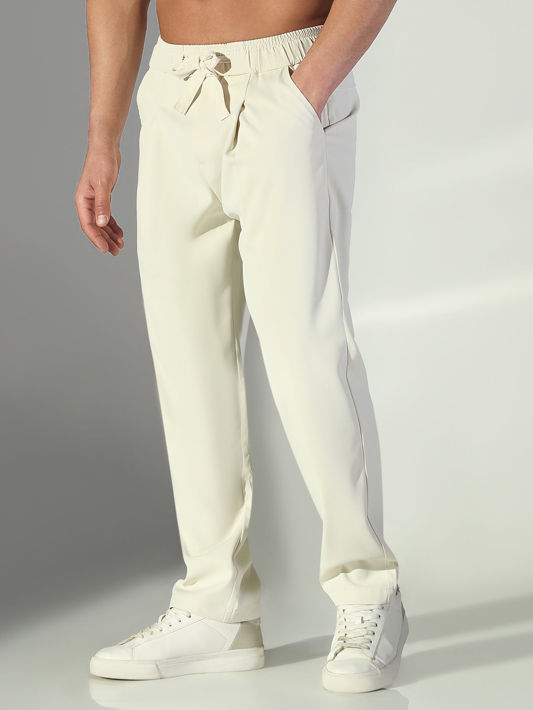 Men Cream Solid Straight Fit Korean Trousers