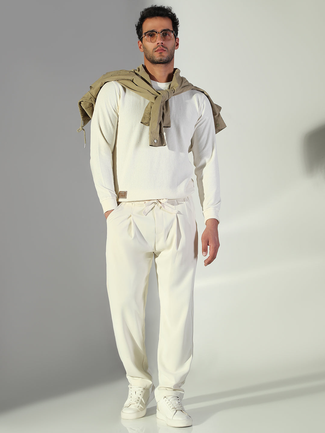 Men Cream Solid Straight Fit Korean Trousers