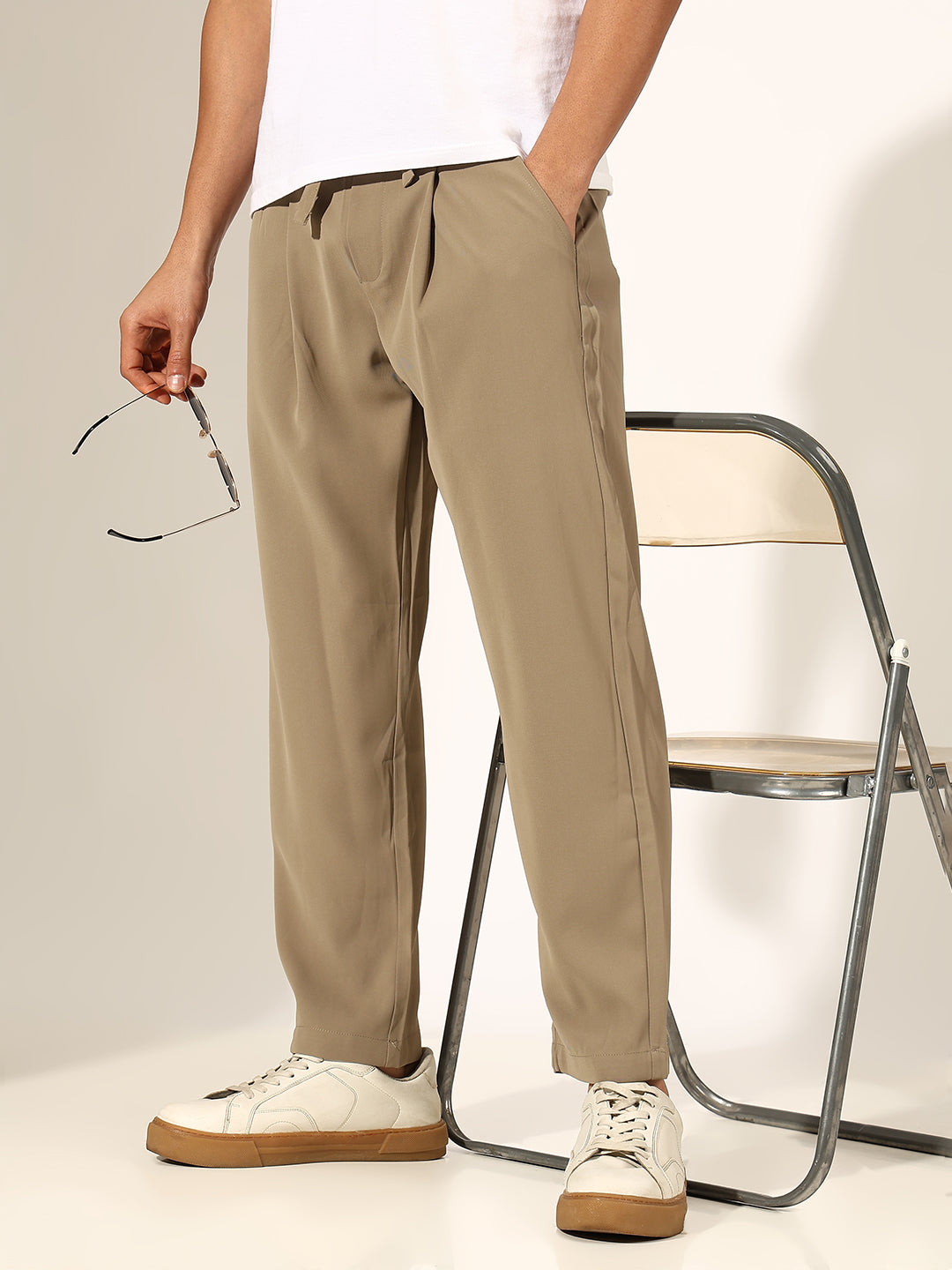 Men's Pleated Khaki Regular Fit Korean Trouser with Tie-Up Waistband