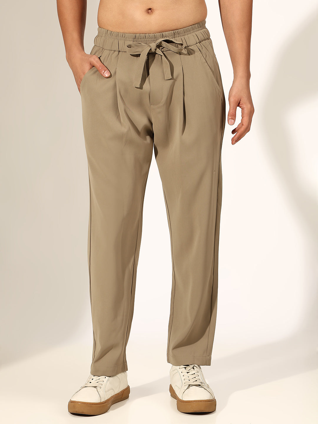 Men's Pleated Khaki Regular Fit Korean Trouser with Tie-Up Waistband
