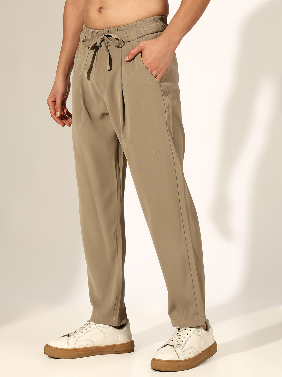 Men's Pleated Khaki Regular Fit Korean Trouser with Tie-Up Waistband