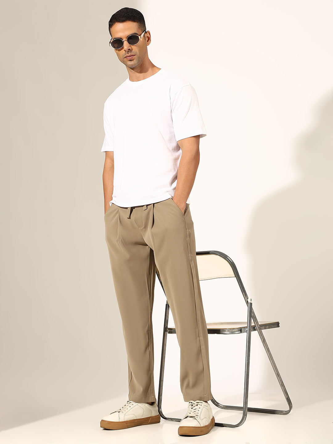 Men's Pleated Khaki Regular Fit Korean Trouser with Tie-Up Waistband