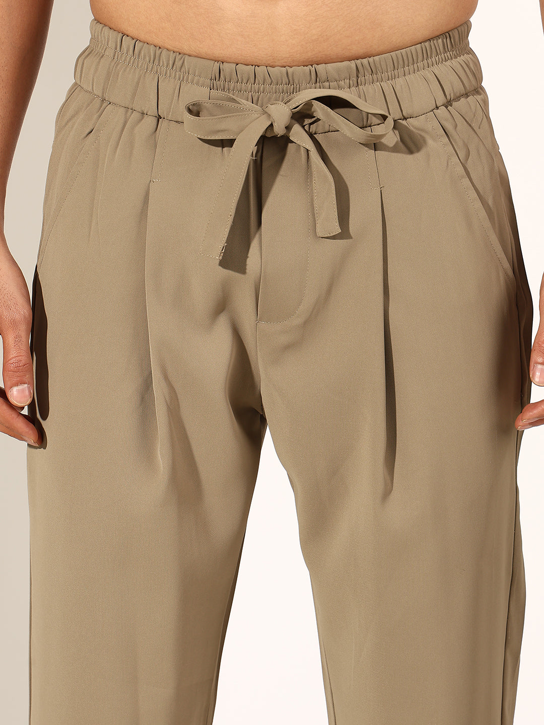 Men's Pleated Khaki Regular Fit Korean Trouser with Tie-Up Waistband