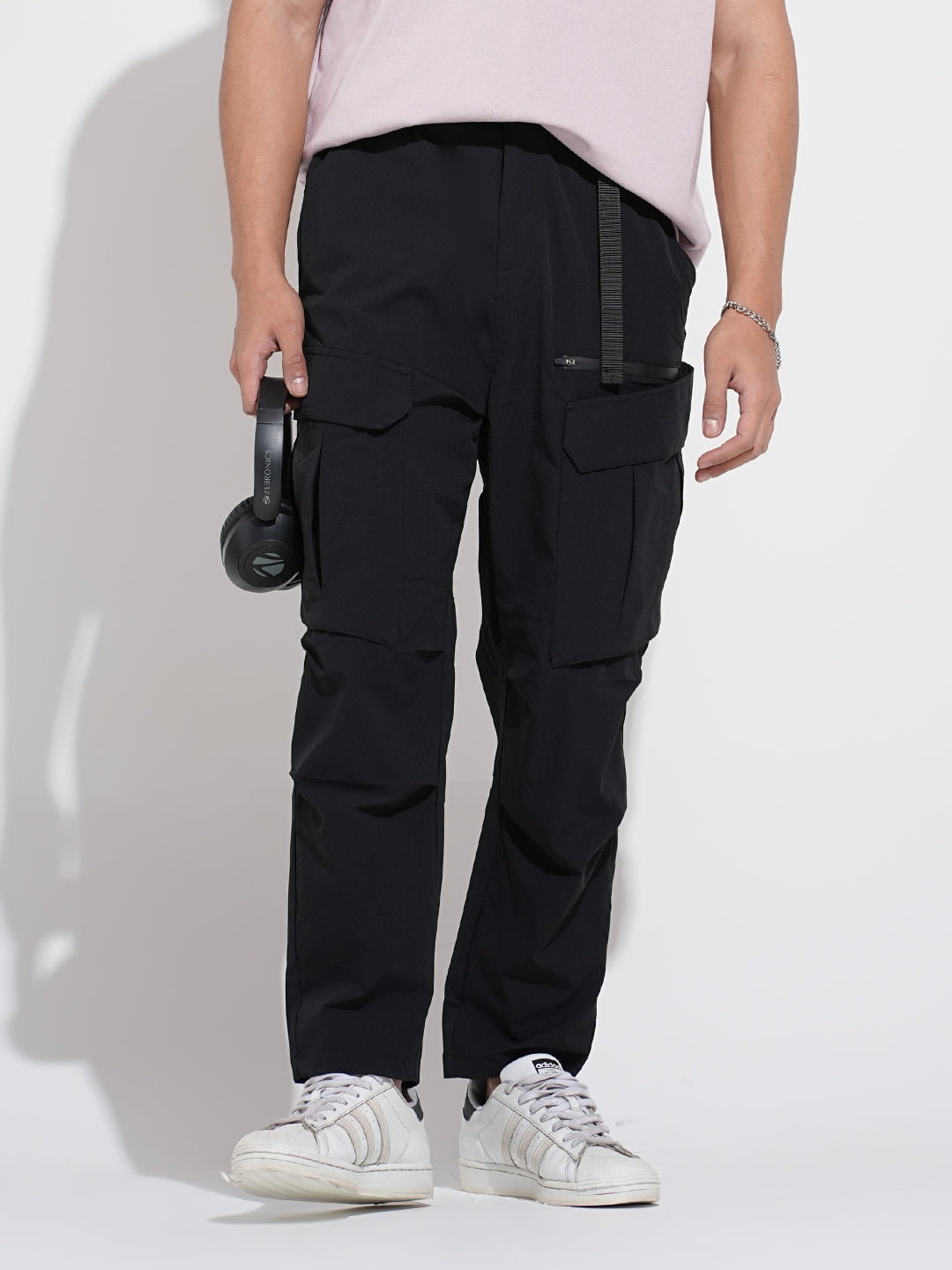 Men's Black Relaxed Fit Cargo Trousers with Adjustable Belt