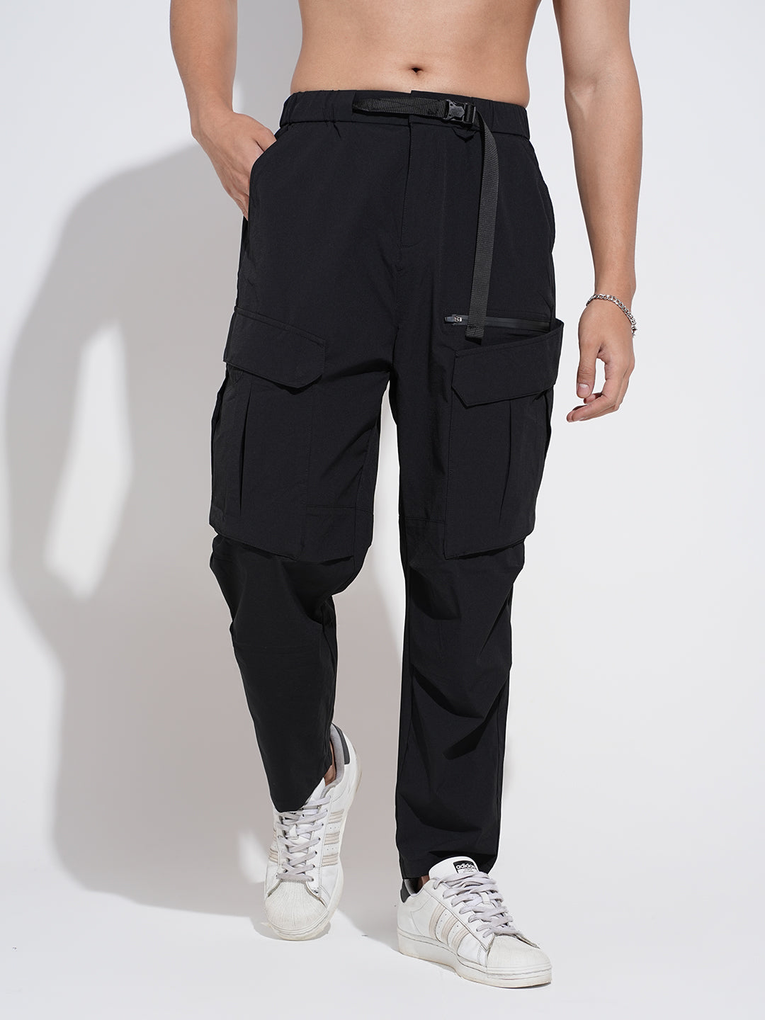 Men's Black Relaxed Fit Cargo Trousers with Adjustable Belt