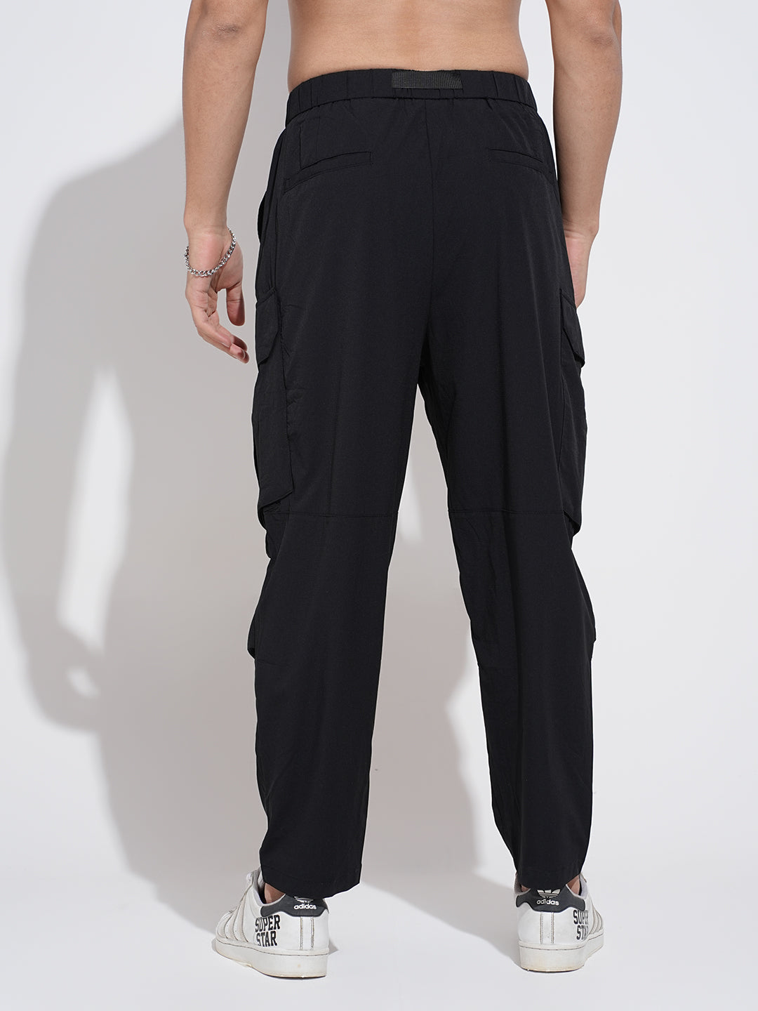Men's Black Relaxed Fit Cargo Trousers with Adjustable Belt