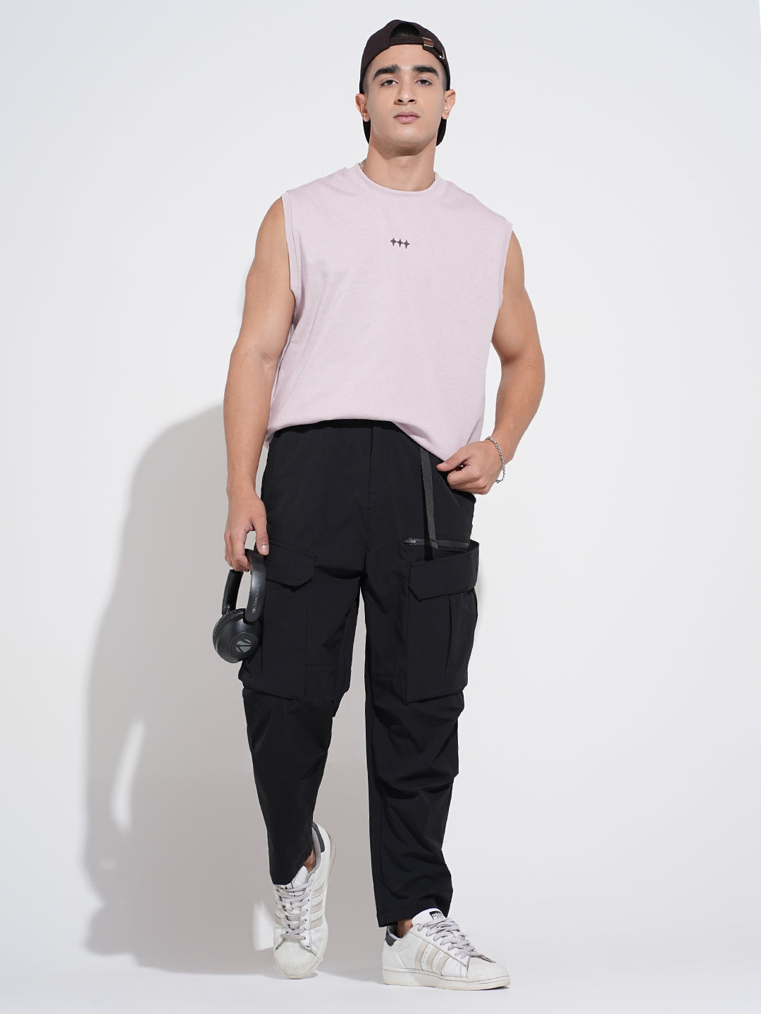 Men's Black Relaxed Fit Cargo Trousers with Adjustable Belt